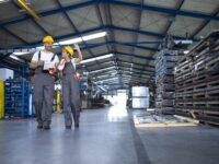 Factory workers in work wear and yellow helmets walking through industrial production hall and discussing about organization.